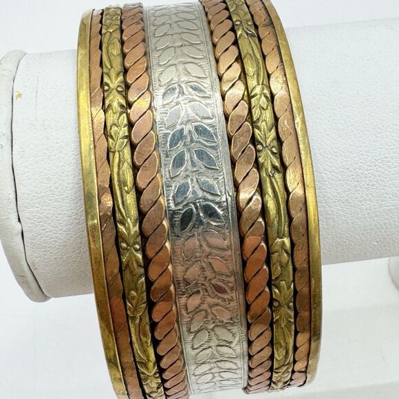 Artisan Chunky Wide Gold Silver Brass Textured Stripes Leaf Bangle Bracelet - Picture 15 of 16